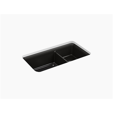 Cairn® 33-1/2" x 18-5/16" x 10-1/8" Neoroc® under-mount large/medium double-bowl kitchen sink with sink rack