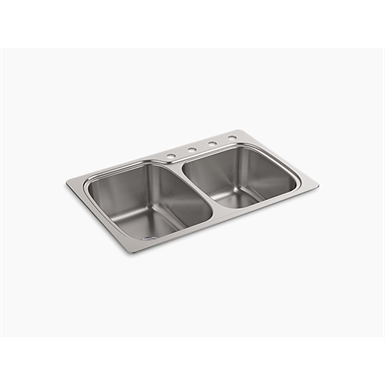 Verse™ 33" x 22" x 9-1/4" top-/under-mount large/medium double-bowl kitchen sink with 4 faucet holes