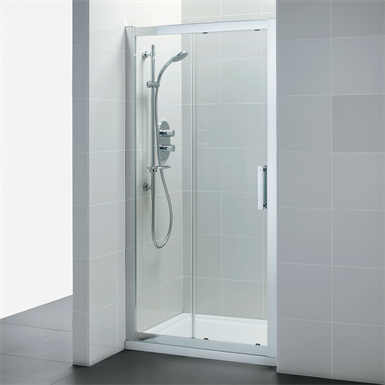 synergy 1400mm slider door, idealclean clear glass, bright silver finish