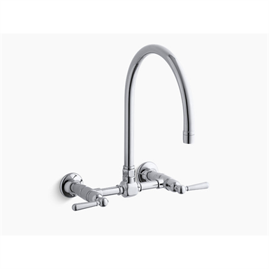 hirise™ two-hole wall-mount bridge kitchen sink faucet with 13-7/8" gooseneck spout and lever handles