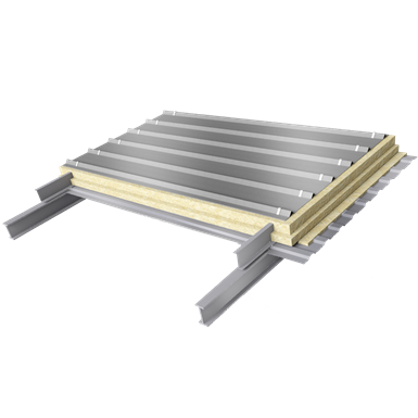 Steel double skin roofing parallel to inside profile with purlin