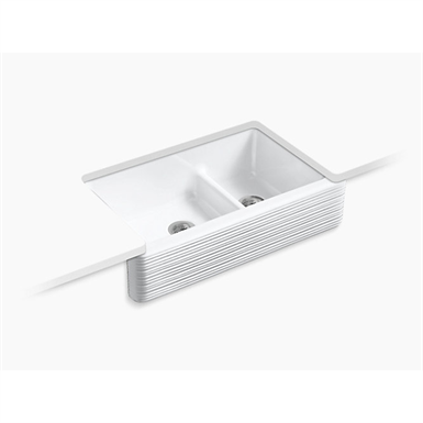 whitehaven® hayridge® self-trimming® smart divide® 35-11/16" x 21-9/16" x 9-5/8" under-mount large/medium double-bowl kitchen sink with tall apron and hayridge® design