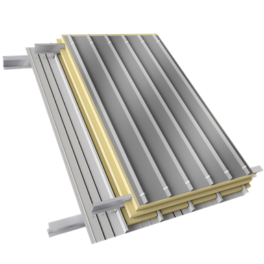 Steel double skin roofing parallel to inside tray with purlin