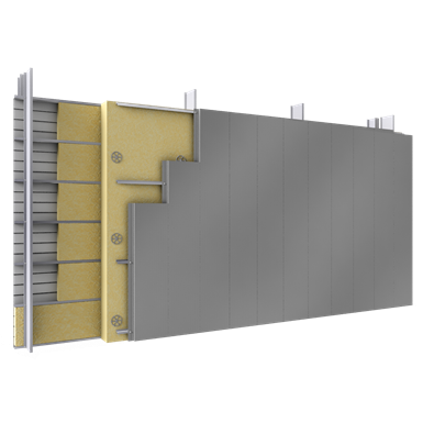 Doppelte Aussenfassade Stahl oder Aluminiumlamellen Verlegung V vollständige Platten Dämmung Abstandhalter